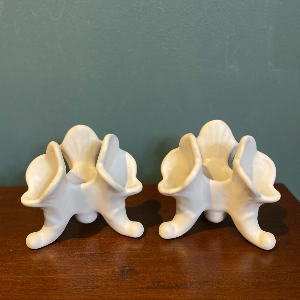 Pair Of  Van Briggle Pottery White Matte Cornocopia / Tulip Vases Candle Holders